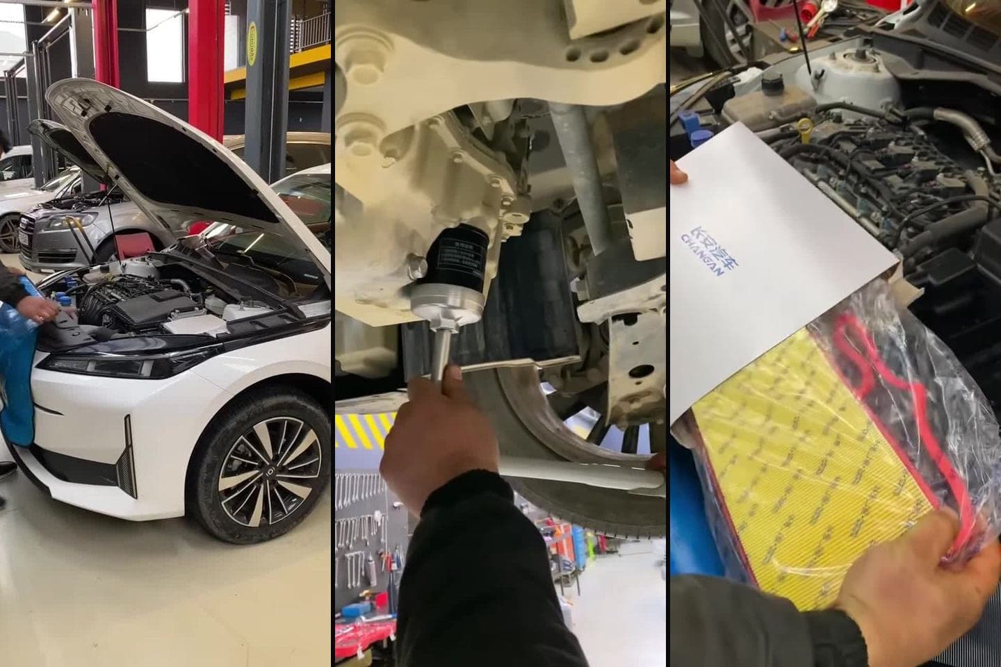 AzonAuto-nun videosundan kadrlar: Changan A05-in açıq kapotu, qaldırıcıda altdan yağ filtrinin açarla sökülməsi və Changan markalı hava filtri qutusunun əldə tutulması.