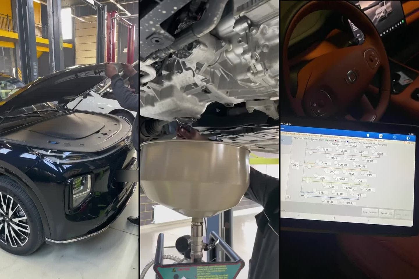 AzonAuto-nun videosundan kadrlar: plug-in hibrid krossover (Changan Oiyuan A07) açıq kapotla, avtomobilin altından baxış zamanı aparılan iş və sükan yanında diaqnostika planşetinin ekranı.