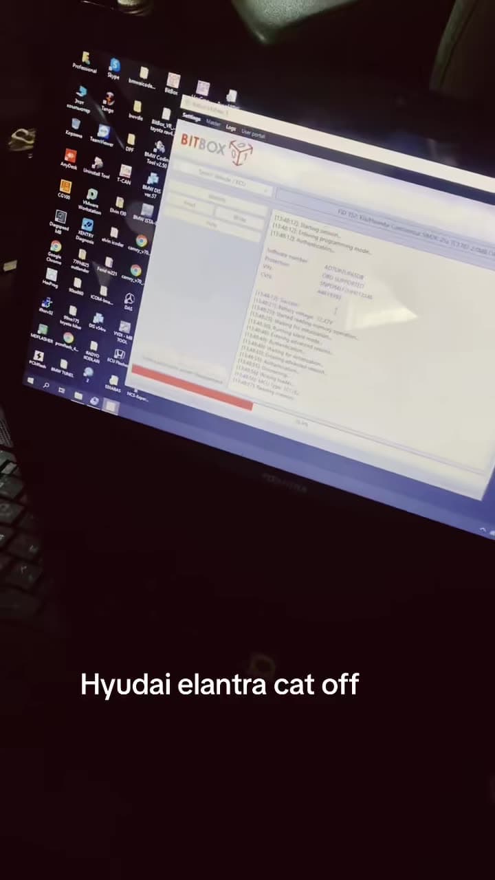 Hyundai Elantra salonunda noutbukda BitBox proqramı açıqdır, sonra panel göstərilir. Postun yazısı: arxa katalizator datçiklərinin söndürülməsi.