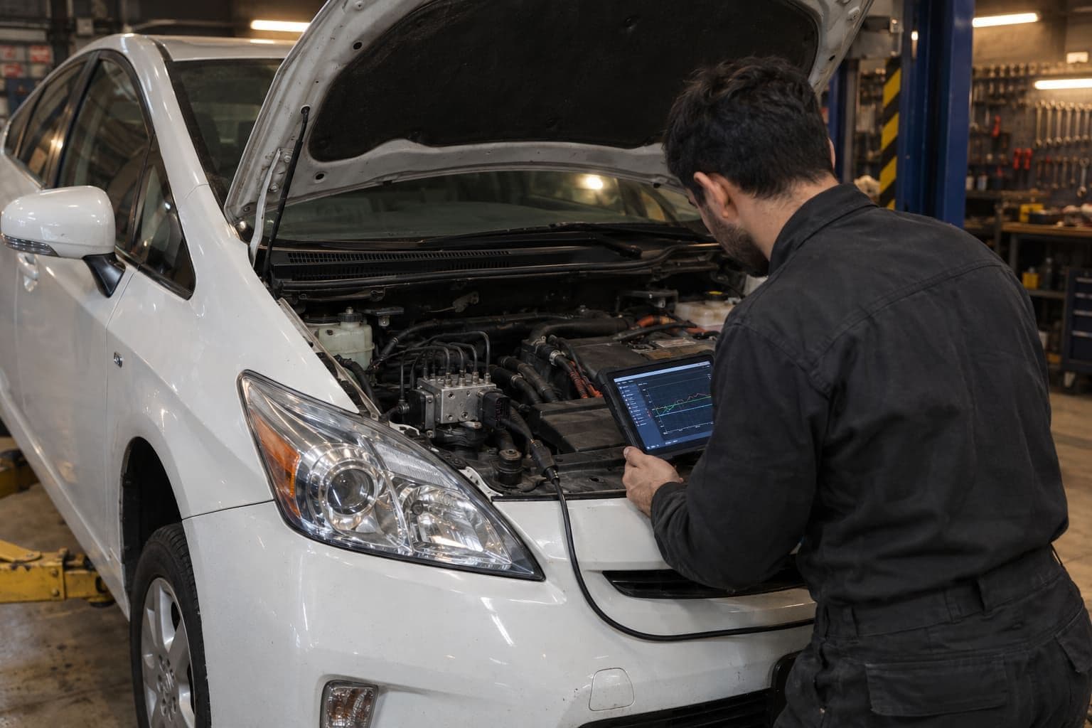 İllüstrasiya: usta Toyota Prius 30 kuzanın ABS aktuatorunu planşetlə diaqnostika edir