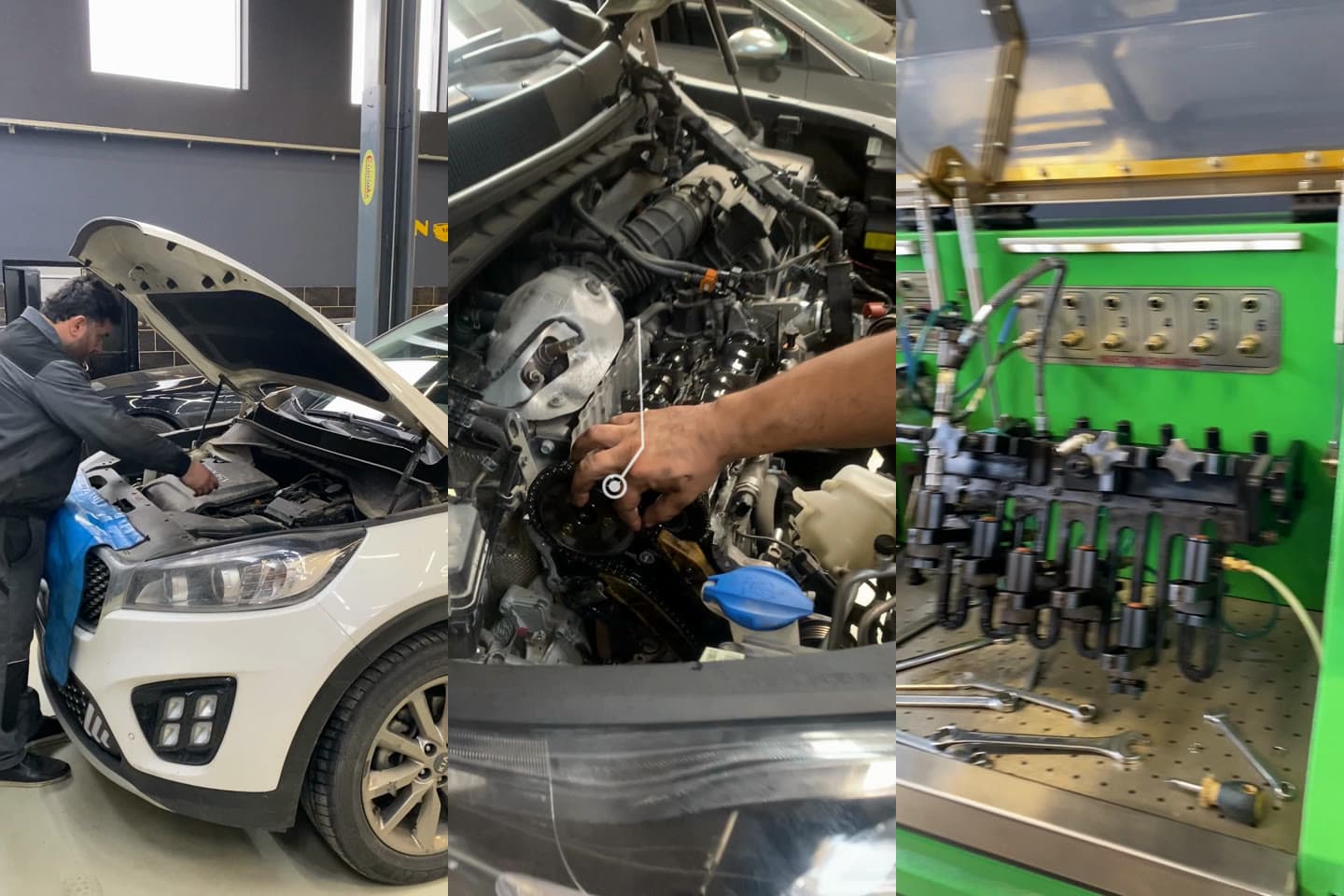 AzonAuto-nun videosundan kadrlar: usta kapotu açıq ağ Kia Sorento-nun mühərrik bölməsində işləyir, mühərrikin ön tərəfində zəncir dişlisi əldə, dizel farsunkalar Common Rail stendinə qoşulub.