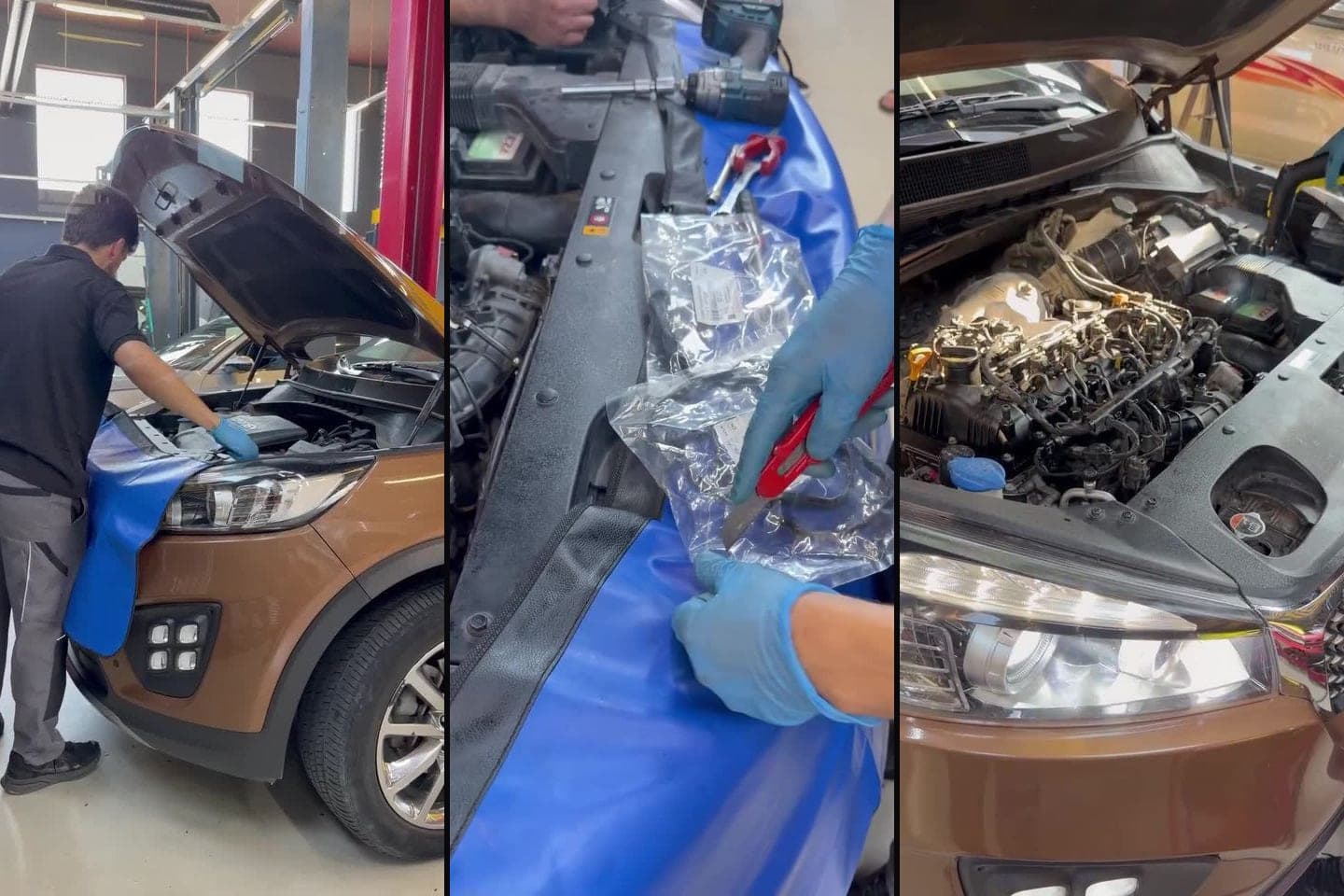 AzonAuto-nun videosundan kadrlar: qəhvəyi Kia Sorento-nun açıq kapotu, ustanın əlcəkli əllərlə yeni araqatın qablaşdırmasını açması və mühərrikin üst hissəsinin açıq görünüşü.