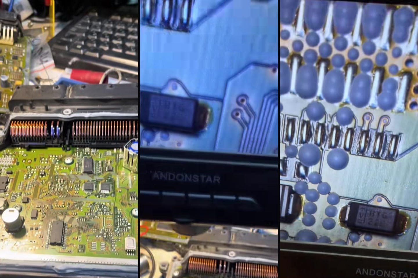 AzonAuto-nun videosundan kadrlar: açılmış Mercedes 272 (ME9.7) mühərrik beyninin platası stolun üstündə, mikroskop ekranında platanın böyüdülmüş görüntüsü və kontaktların yaxından çəkilmiş görünüşü.