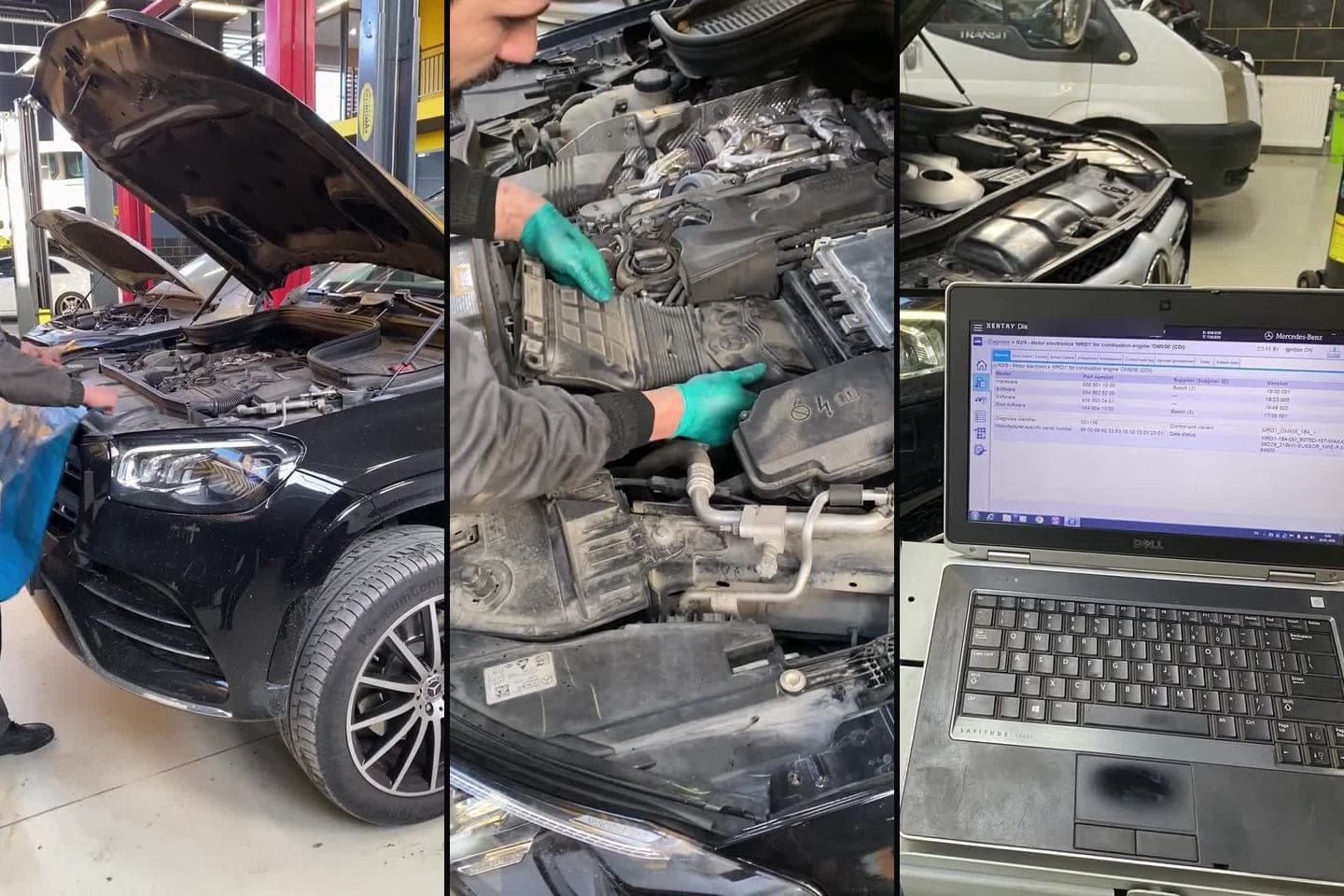 AzonAuto-nun videosundan kadrlar: 2021 Mercedes-Benz GLS açıq kapotla, ustanın yağ filtri qapağını əli ilə tutması və mühərrikin noutbukla Xentry proqramı ilə diaqnostika edilməsi.