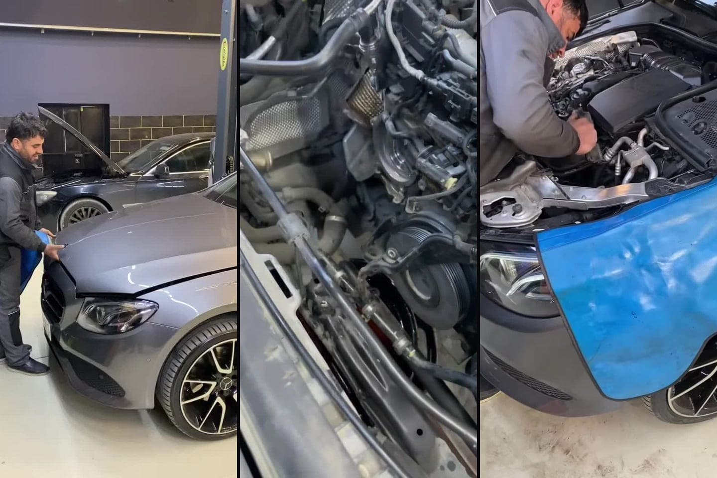 AzonAuto-nun videosundan kadrlar: Mercedes-Benz W213-ün ön hissəsi açıq kapotla, su pompası olan qayış-blok sahəsinin yaxın planı və ustanın mühərrik bölməsində su pompasını dəyişməsi.