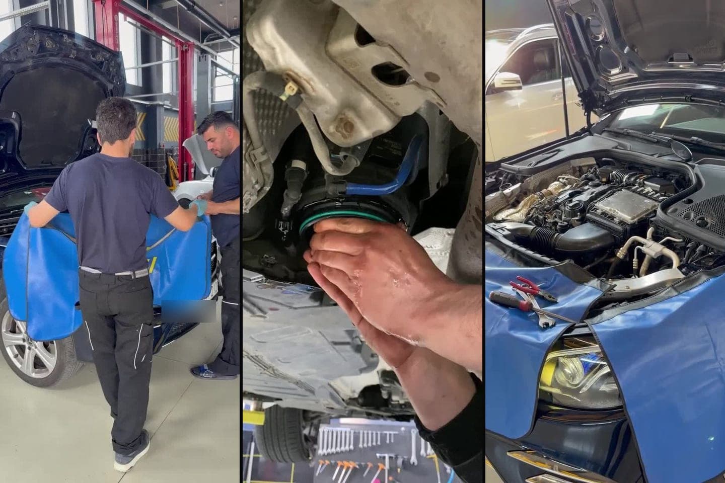 AzonAuto-nun videosundan kadrlar: ustaların Mercedes-Benz W213-ün yanında mavi örtüklə hazırlığı, yanacaq nasosunun altdan sökülməsi zamanı əldə tutulan detal və yığılmış mühərrik bölməsi.