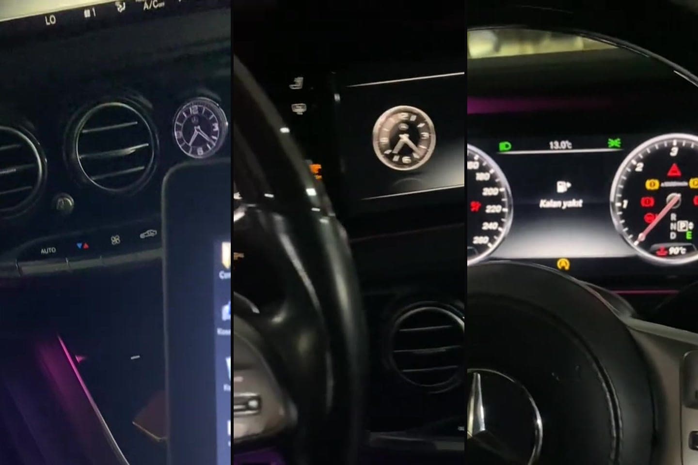 AzonAuto-nun videosundan kadrlar: Mercedes W222 salonunda diaqnostika planşeti qoşulub, sonra sükan çarxı və mühərrik lövhəsindəki göstəricilər yaxından görünür.