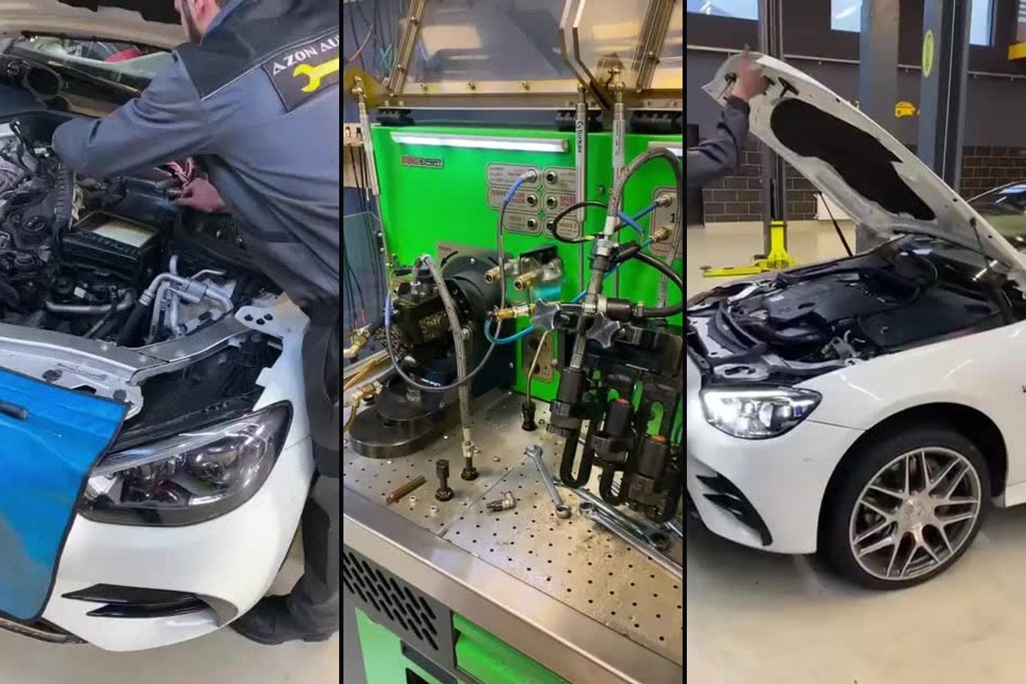 AzonAuto-nun videosundan kadrlar: ustanın Mercedes-Benz W238-in mühərrik bölməsində işləməsi, farsunkaların stenddə yoxlanılması və işi bitmiş ağ avtomobilin açıq kapotu.