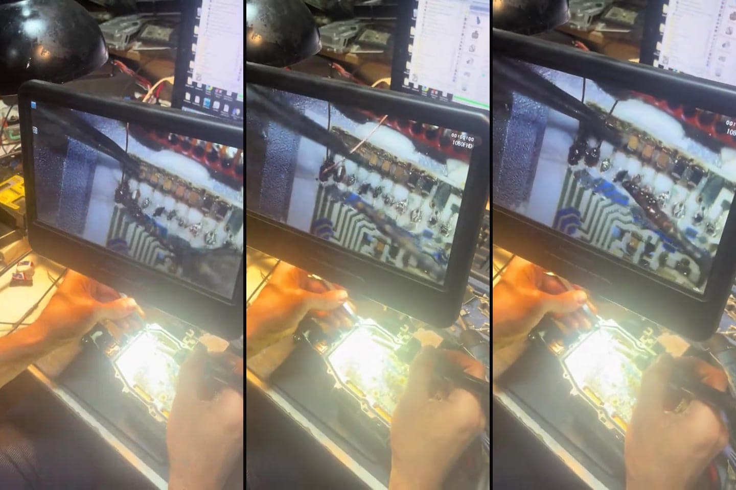 AzonAuto-nun videosundan kadrlar: açılmış idarəetmə blokunun platası mikroskop stendinin ekranında, əldə lehim aləti ilə kontaktların lehimlənməsi göstərilir.