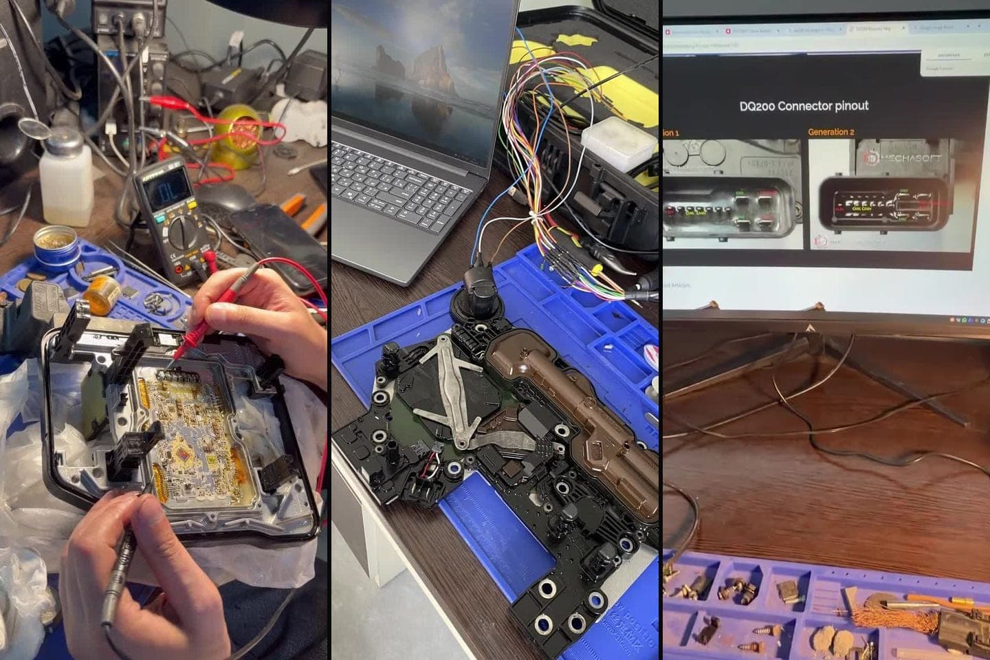 AzonAuto-nun videosundan kadrlar: açılmış elektron modulun platası multimetrlə yoxlanılır, modul kabellərlə noutbuka qoşulub masada və ekranda konnektorun sxemi göstərilir.
