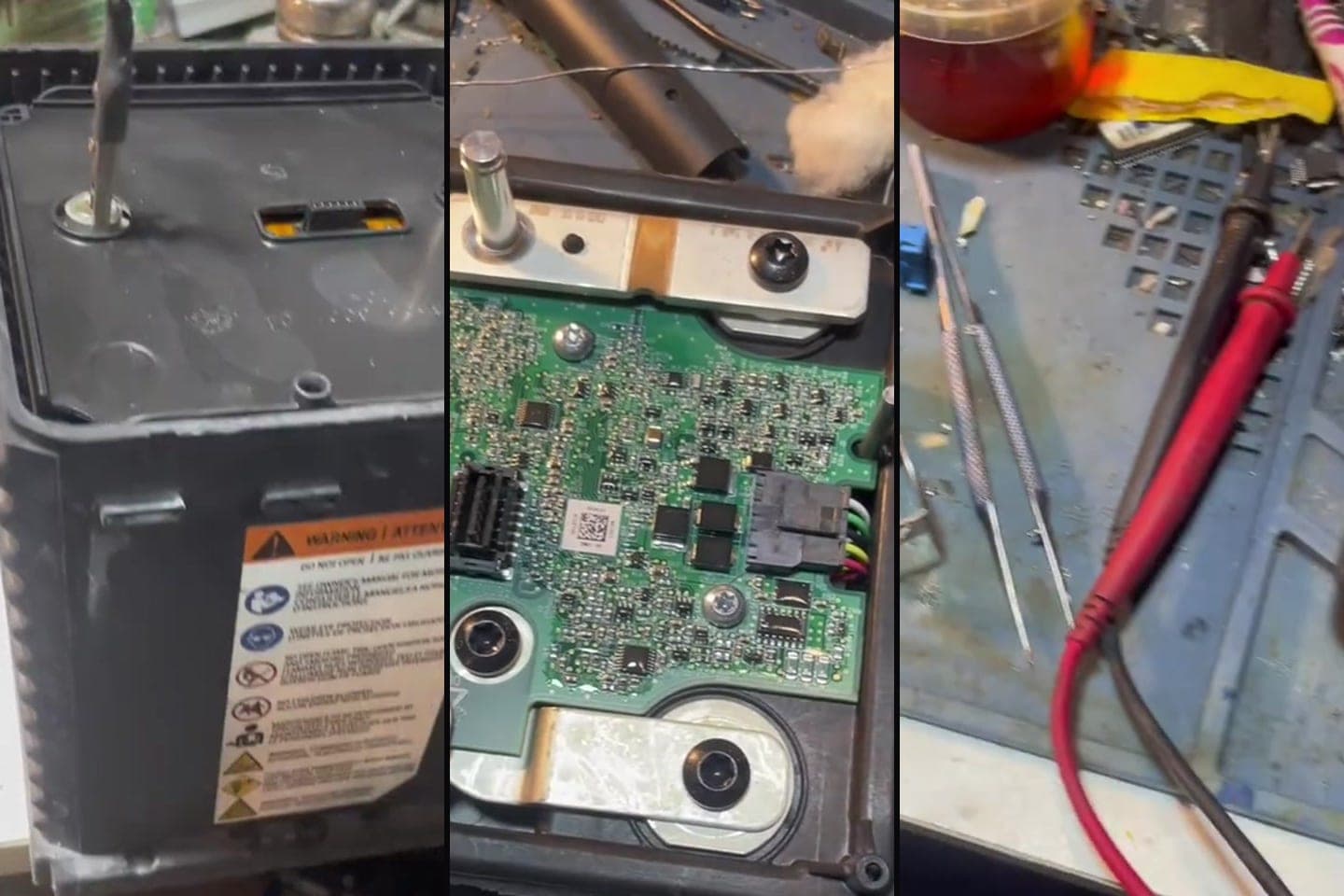 AzonAuto-nun videosundan kadrlar: Porsche Taycan akkumulyator bloku stenddə naqillərlə qoşulmuş halda, açılmış elektronika platası konnektoru ilə və multimetrlə ölçü aparılması.