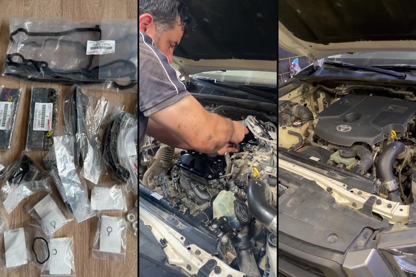 AzonAuto-nun videosundan kadrlar: Toyota Hilux 2023 üçün yeni sep (zəncir) dəstinin ehtiyat hissələri, ustanın mühərrikdə zənciri quraşdırması və işi bitmiş mühərrik bölməsi.